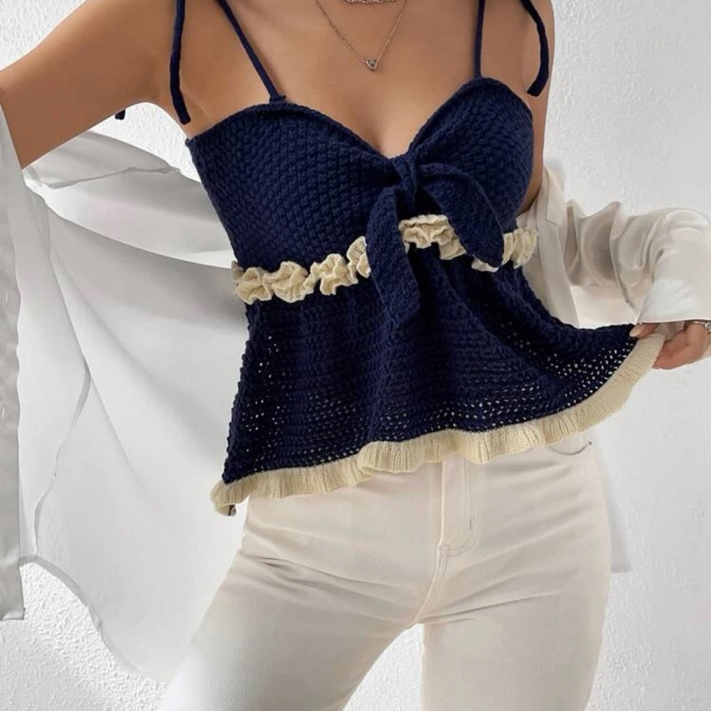 Unity Colorblock Frilled Tie Shoulder Cami Knit Top